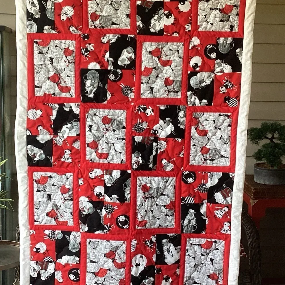 NWT. Black White and Red Sheep Lap Quilt Hand Crafted